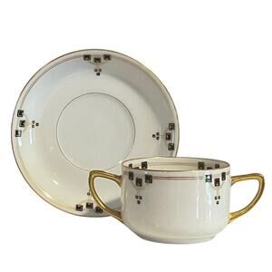 Vintage Victoria Austria Boullion Cup / Bowl & Saucer, Gold, Black, Set of 10
